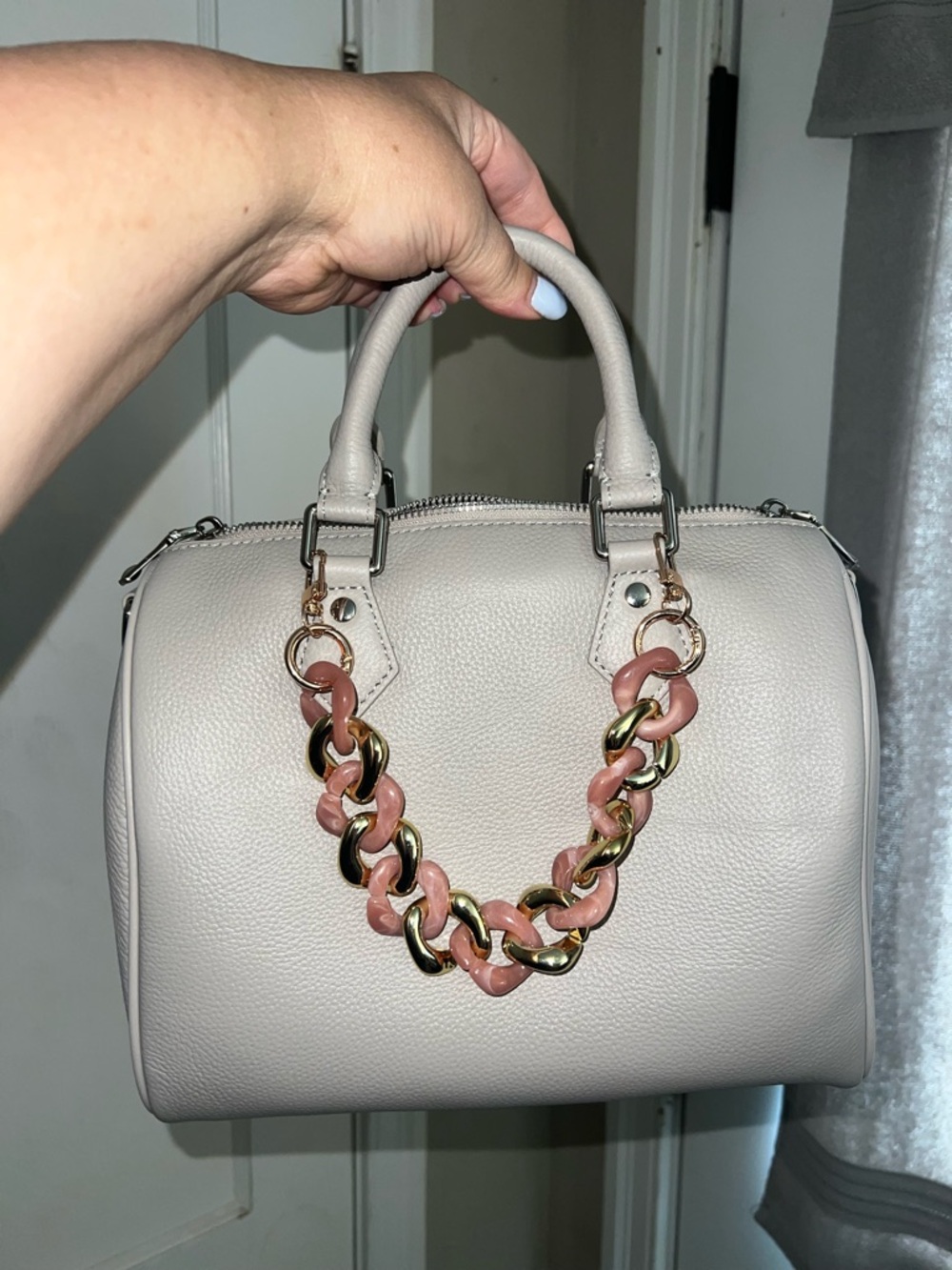 Structured Dome Satchel Handbag in Light Taupe with Gold-Pink Chain